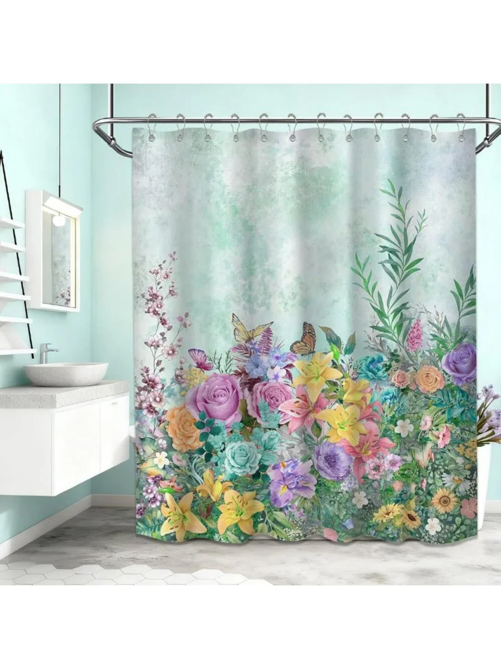 Mint Green Floral Shower Curtain - Colorful Butterfly Wildflower Decor